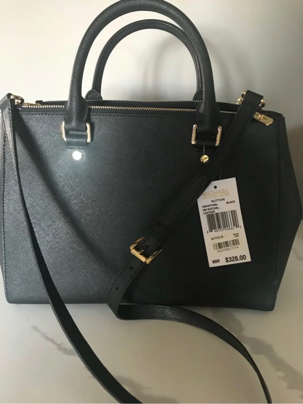 MICHAEL KORS Black Saffiano Leather Satchel with Gold Hardware